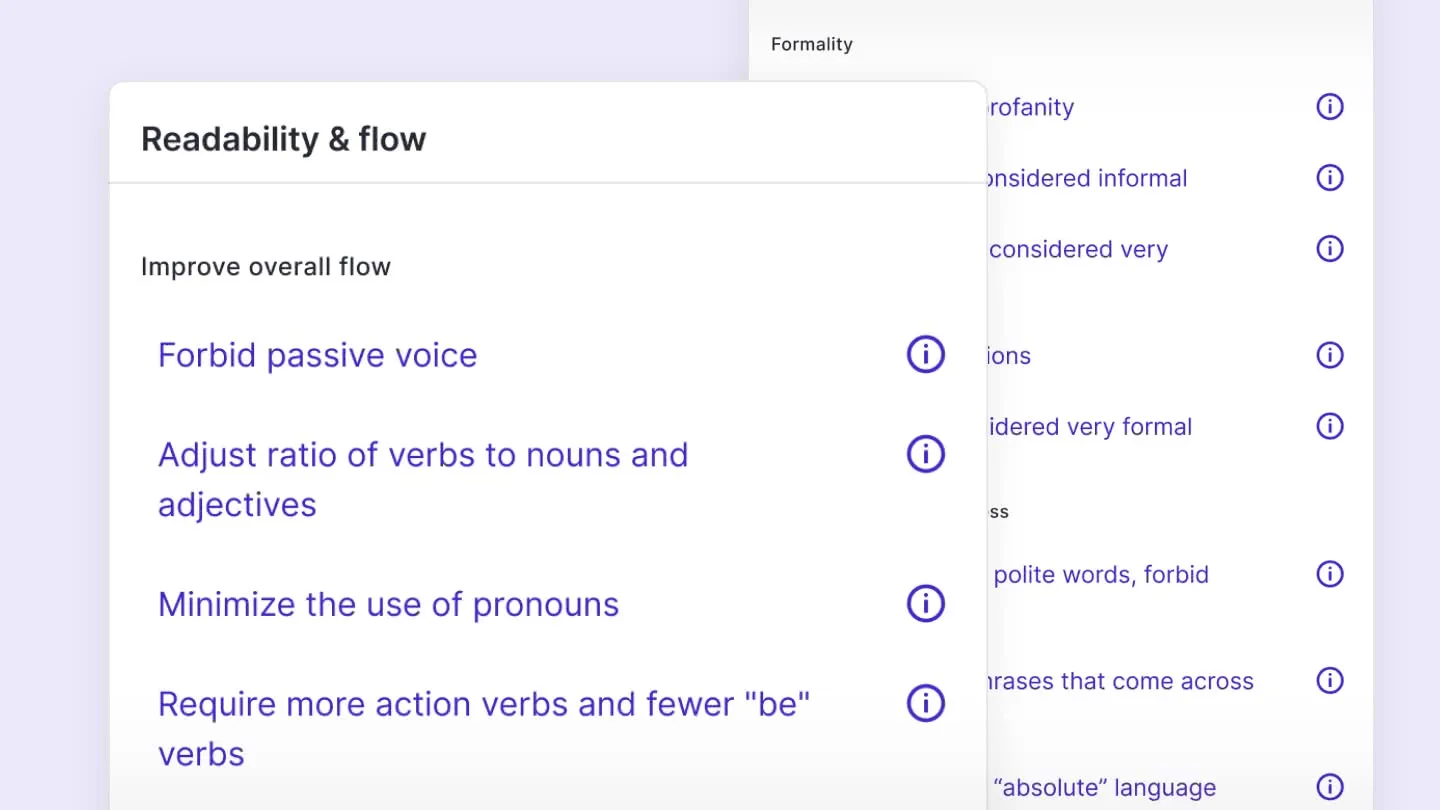 A screenshot of the Writitude interface showing the feature: 100+ parameters you can tune