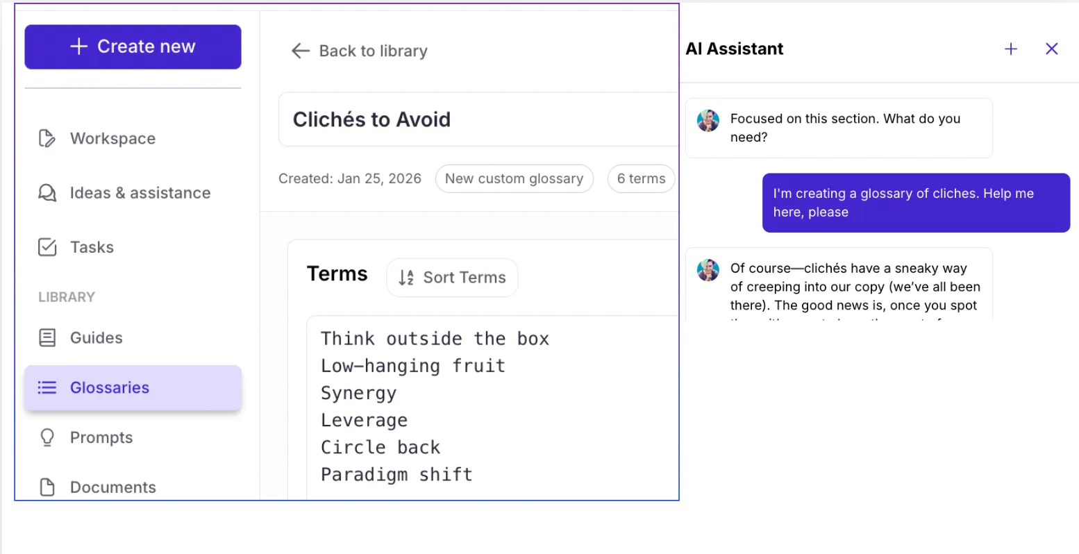 A screenshot of the Writitude interface showing the feature: Glossaries ensure the right word choice