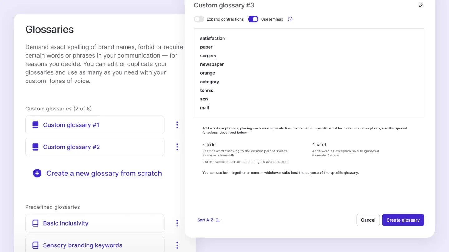 A screenshot of the Writitude interface showing the feature: No-no words and SEO keywords