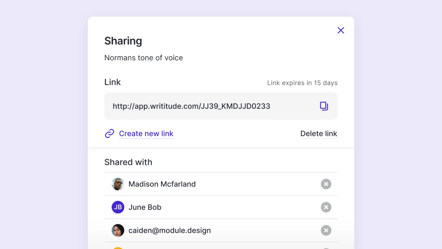 A screenshot of the Writitude interface showing the feature: Copywriters change, brand voice stays