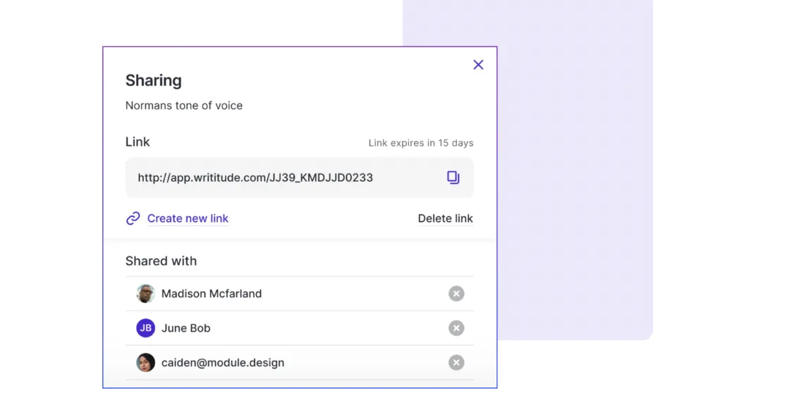 A screenshot of the Writitude interface showing the feature: Copywriters change, brand voice stays