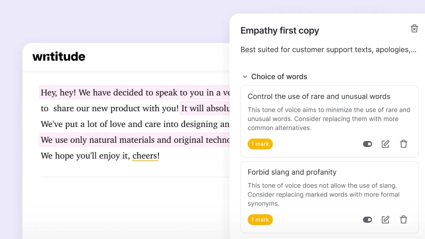 A screenshot of the Writitude interface showing the feature: Forget about editing the same old mistakes